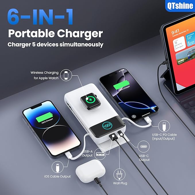Portable Charger 40800mAh Power Bank with Built-in Cables,Wall Plug and iWatch Charger,6-in-1 QC4.0+25W PD USB C Fast Phone Charging,LCD Display Battery Pack for iPhone 16/15,Apple Watch,Galaxy-White