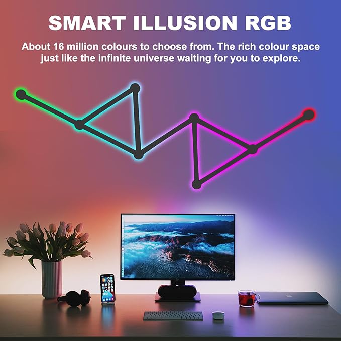 Smart Wall Light Lines, WiFi RGB LED Light Bars, 16M+ Color Dimmable Music Sync DIY Home Decor Light Bars for Gaming Party Streaming Lovers, Work with Alexa & Google Assistant (9 Lines,Black)