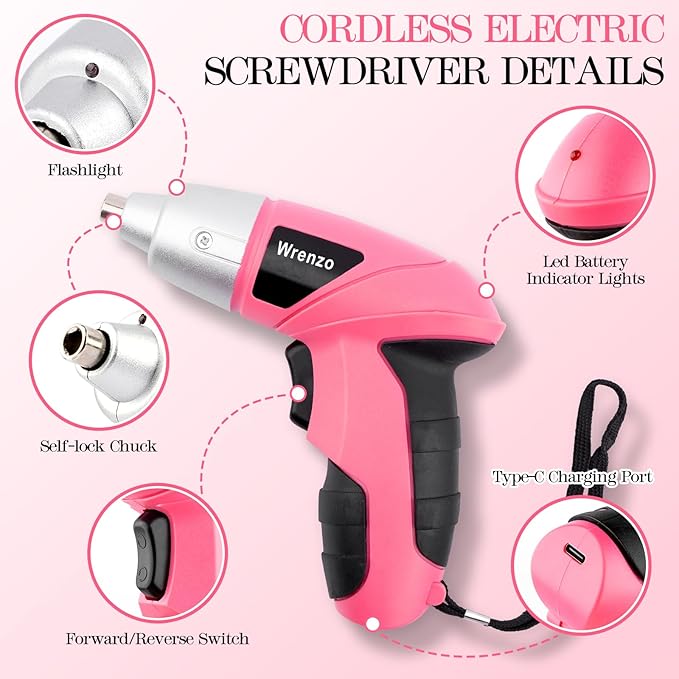 Drill Set, Cordless Drill, Small Tool Kit, 112pc 3.6V USB Tool Set, Tool Kit for Dorm, Cordless & Rechargeable, Pink Home Toolbox for Women, DIY Toolbox