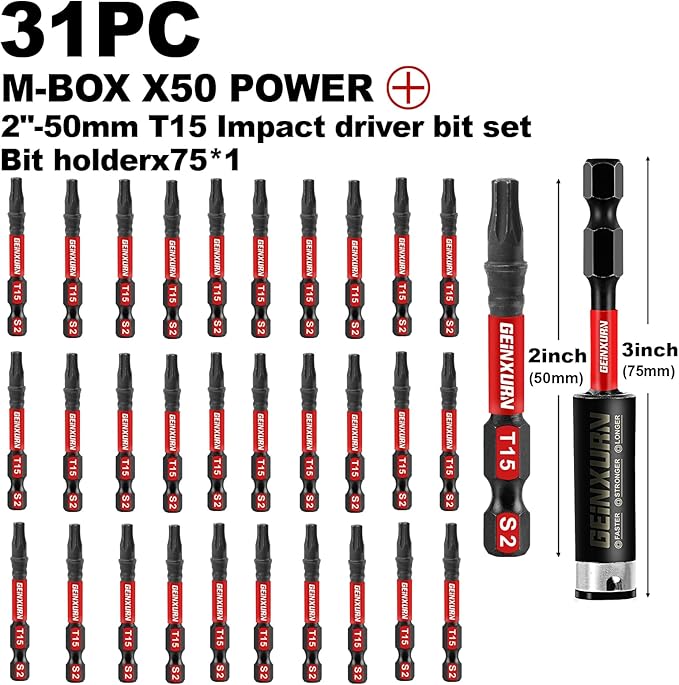 30Pieces 2 In. T15 Impact Tough Magnetic Screwdriver Bit Set, #15 Torx Head Power Bits, S2 Alloy Steel Star Bits with 1Pc Impact Bit Holder and Storage M-Box