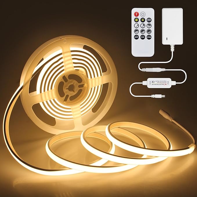 24V COB LED Strip Lights 10FT/3M 3000K Warm White LED Tape Light with Dimmer 320LEDs/M Dimmable LED Rope Light Outdoor Waterproof IP68 LED Light for Bedroom Cabinets Decor (Includes Adapter)