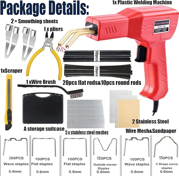 Upgraded 220W Plastic Welder Bumper Repair Kit,2-in-1 Plastic Welding Kit 800PCS Hot Staples & 30pcs Plastic Welding Rods,Hot Stapler Plastic Repair Kit for Car Bumper Kayak Crack Repairs(red)