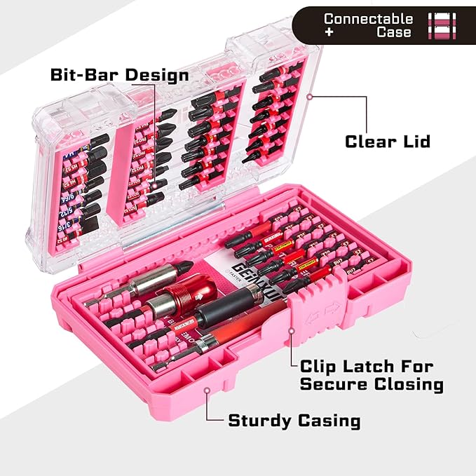 40Pieces Impact Screwdriver Bits Set, Magnetic S2 Steel Phillips/Slotted/Square/Torx Insert Power Bits Tips, Impact Bit Holder with Pink Storage Box Case