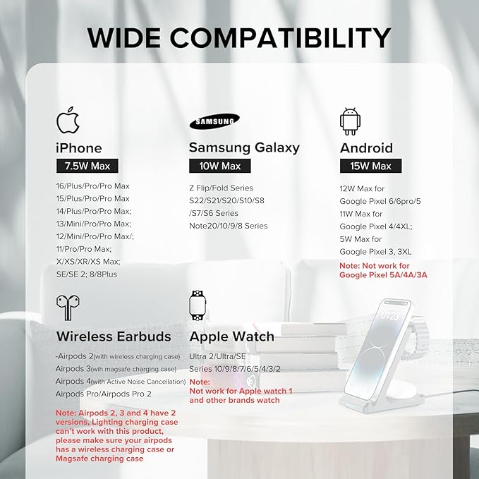 Wireless Charging Station, 3 in 1 Fast Wireless Charger Stand for Multiple Devices Apple Watch Ultra Series 10 9 8 7 6 SE 5 4 3 2, iPhone 16 15 14 13 12 11 Pro Max/Plus/Mini/X/XS/XR, Airpods Pro