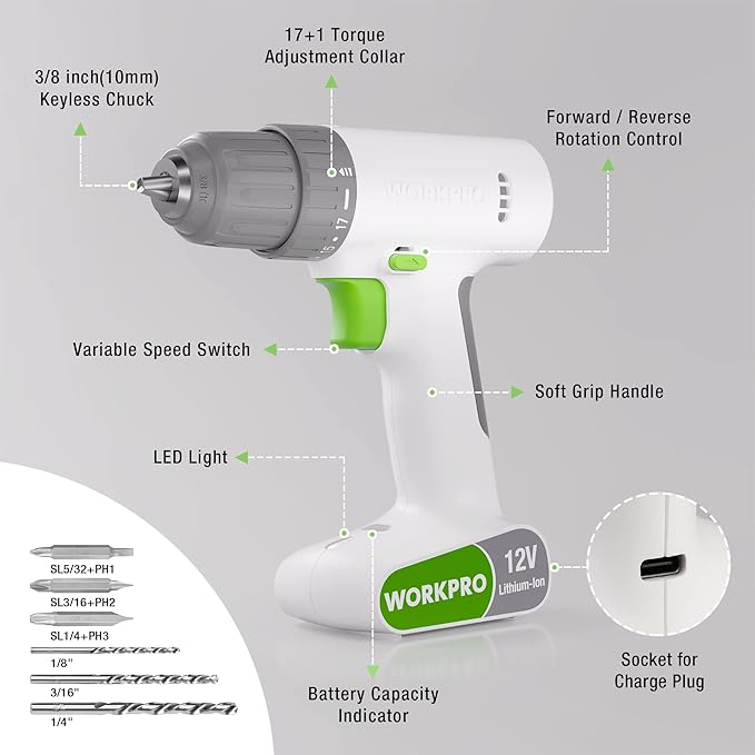 WORKPRO 12V Cordless Drill Driver Set, Electric Power Drill Tool Kit with 6 Pcs Bits, 3/8-Inch Keyless Chuck, Variable Speed, 18 Touque Setting, Type-C Charge Cable, Led Light, White