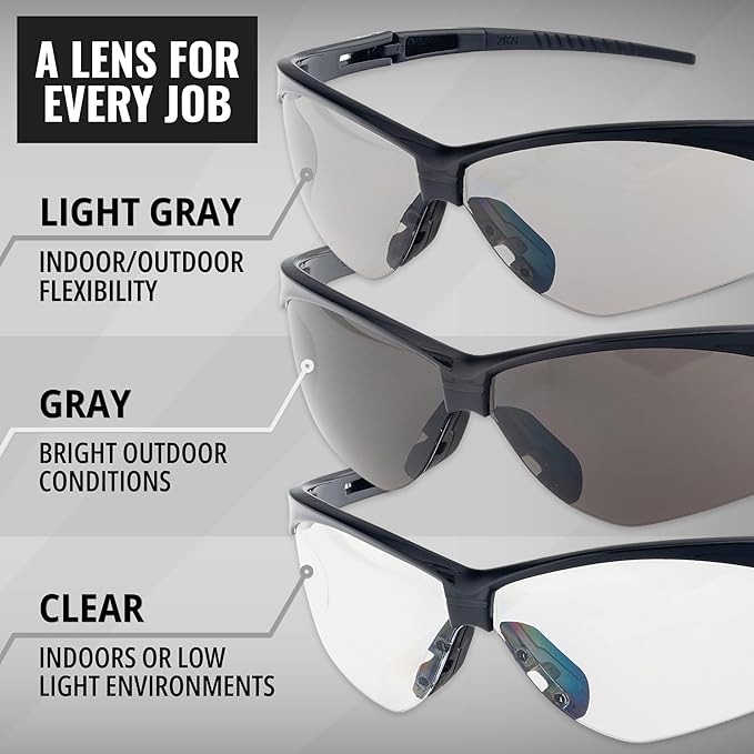 Veratti V1023N Safety Glasses, Clear Anti-Fog Lens, ANSI Z87.1, Removable Strap, Black Frame, Impact Resistant