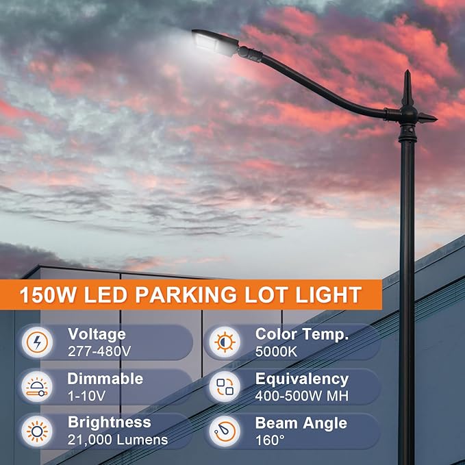 480V 150W LED Parking Lot Lights, 21000LM LED Shoebox Street Light Flood Light (500W MH/HPS Equiv.), 5000K Dimmable Commercial Area Lighting with 20KV Surge Protection, IP65 277-480V UL&DLC Listed