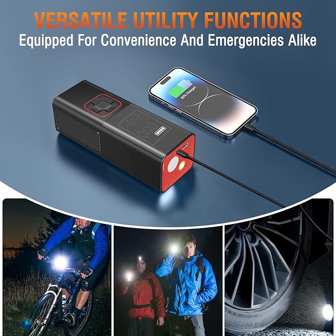 Tire Inflator Portable Air Compressor, 160PSI Cordless Air Pump for Car Tires, Portable Tire Inflator with LED, Electric Bike Tire Pump for Cars, Bikes, Motorcycles, Balls