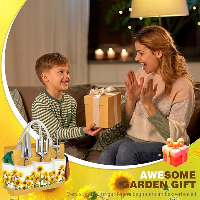 22Pcs Gardening Tools Set for Women Heavy Duty Garden Hand Tool Kit Gifts for Mom Beginner Gardener Gardening Accessories with SunflowerTote Bag/Shovel/RepottingMat/Plant Labels/Gloves-Yellow