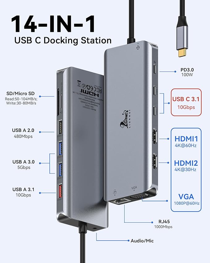 USB C Docking Station Dual Monitor for Laptop, LIONWEI 14-in-1 USB-C Hub with Triple Display, 2 HDMI + VGA, Ethernet, 6 USB A/C 3.0/2.0, PD, SD/TF, Audio, USBC Dock for Surface/HP/Dell/Lenovo/MacBook