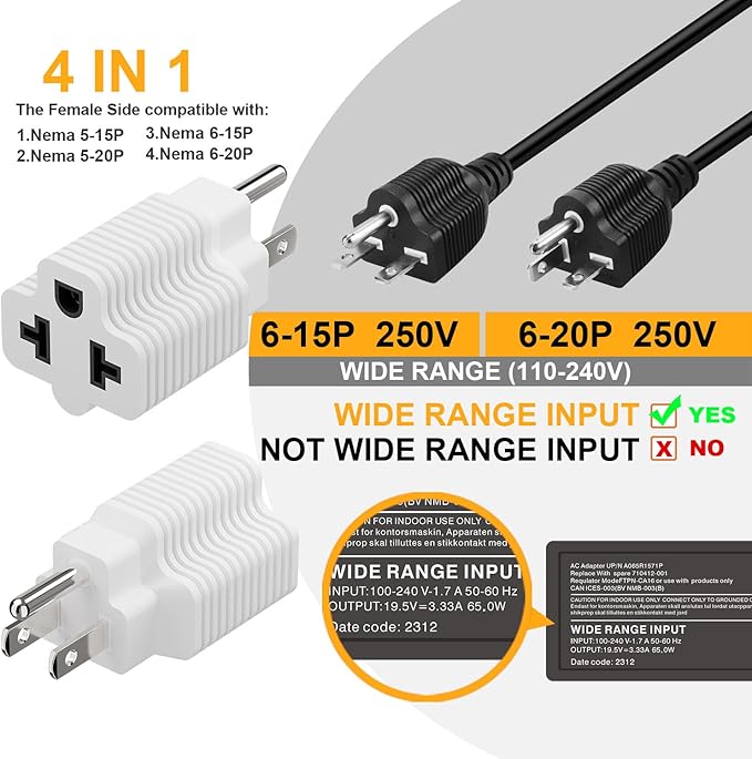 [4-in-1] 15 Amp Household AC Plug to 20 Amp T Blade Adapter, 5-15P to 5-15R, 5-20R, 6-15R, 6-20R, 4 in 1 AC Power Adapter,15A 125V to 20A 250V Plug, White, 2 Pack