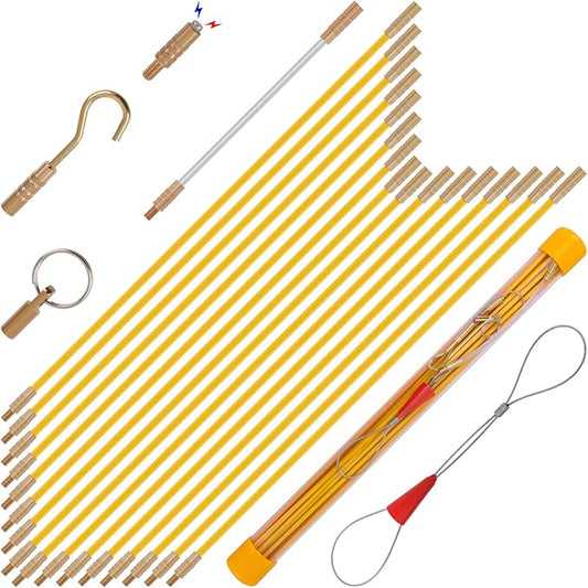 22FT Fiberglass Running Electrical Wire Cable Pulling Fish Tape kit in a Carrying Case Through Wall Cable Snake Rods Electrical Tools Kit with Different Attachments