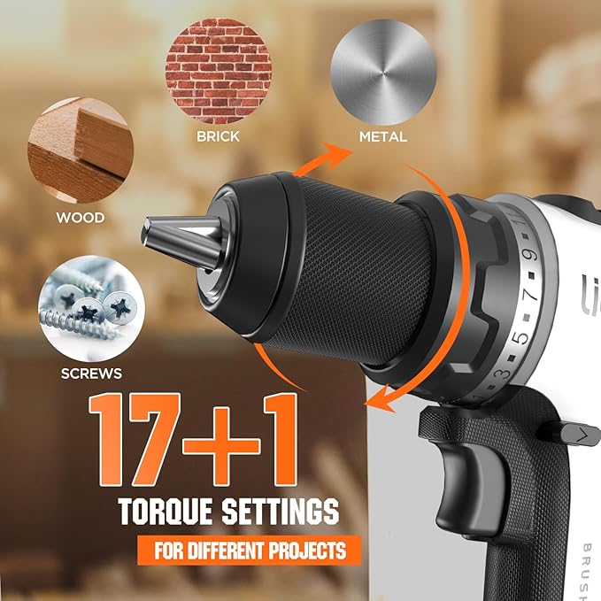 Litheli 20V Cordless Drill Driver, Brushless Power Drill with 2 Variable Speed, 1/2 Inch Keyless Chuck, Electric Drill, 17+1 Clutch Settings with Maximum Torque of 530 In-lbs (Charger not Included)