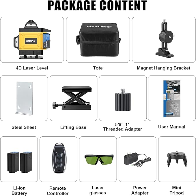 AZZUNO Laser Level 360 Self Leveling Green Beam with LCD Screen, 4x360 lazer leveler tool, Rechargeable Battery & Magnetic Base - Ideal for Construction, Tiling,yellow