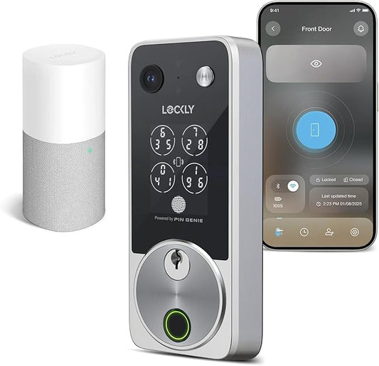 Lockly Vision Zeno Smart Lock with Video Doorbell Camera, Fingerprint Keyless Entry with Apple Home Key, Wi-Fi Deadbolt for Front Door, PIN Genie Keypad, App Remote Control, 2 Rechargeable Batteries