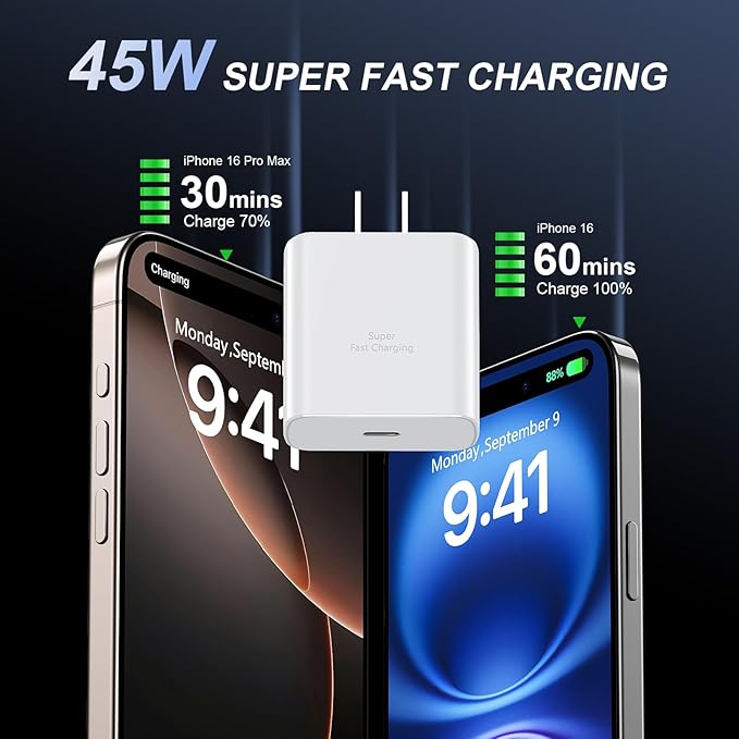 Phone 16 Pro Max Charger Fast Charging, 45W USB C Phone 16 Super Fast Charger Block with 10ft Long Type C Charging Cable Cord for Phone 16/16 Pro/16 Pro Max/16 Plus, 15/15 ProMax/Pro/Plus-White+Purple