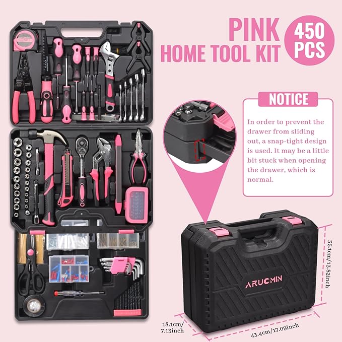 450 Piece Pink Tool Set with Chrome-Vanadium Steel Tools - Home, Car & Workshop Repair Kit for Women, Non-Slip Grip, Snap -Tight Toolbox with Drawer
