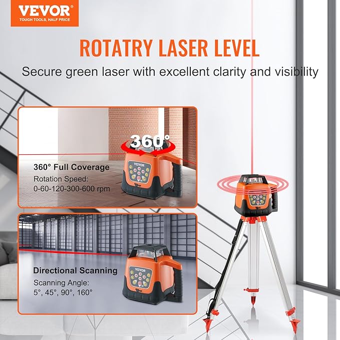 VEVOR Red Rotary Laser Level 1650ft,360 Degree Self Leveling Laser Level Kit,with Surveying Tripod&5m Staff,IP66 Waterproof Remote Control,5 Rotation Speeds&4 Angles Adjustment(Ship in Three Packages)