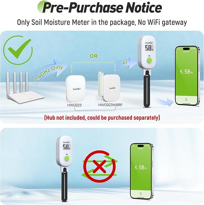 RAINPOINT Light-Driven Thermo-Hygrometer & Smart Digital Wireless Soil Moisture Meter (WiFi Hub Needed) Kit, Real-time Monitor Sensor Gardening Plant Care Essentials