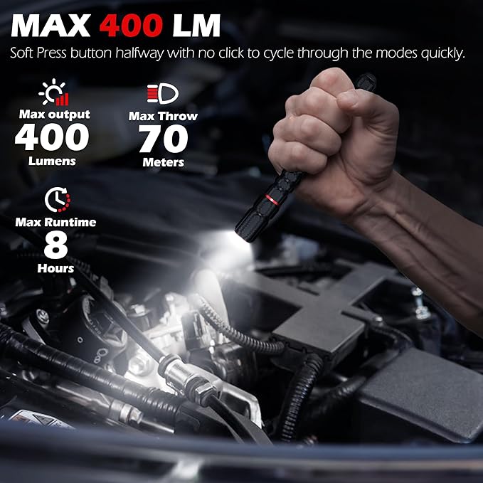 FORTO Rechargeable Pen Light Flashlight, 400 Lumens Small Pocket Flashlight with Clip, IP67 Waterproof, 2 Light Modes, 3-Color Battery Indicator, Type-C Charging, for Inspection,Emergency（4 Pack）