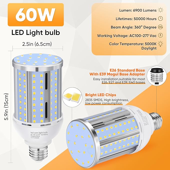 60W LED Corn Light Bulb(2 Pack),(600 Watt Equivalent) Fanless E26/E39 Medium/Large Mogul Base LED Cob Lamp 5000K Daylight 6,900LM for Outdoor Indoor Garage Warehouse Factory Workshop Street Backyard