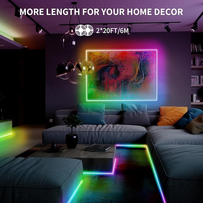 40ft COB RGB+IC LED Strip Lights, Bright Dream Color COB LED Light Strip with RF Remote App Control Music Sync Color Changing for Game Room Bedroom Kitchen Lighting Home Decor（2 Rolls）