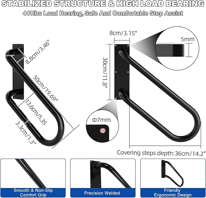 Jamb Mount Handrails for Outdoor Steps-1-2 Step Waterproof Stairs Railing-Powder Coated Side Mount Hand Rails for Indoor Stairs-Non-Slip Staircase Grab Rail for Deck/Porch/Mobile Home/Short Stairway