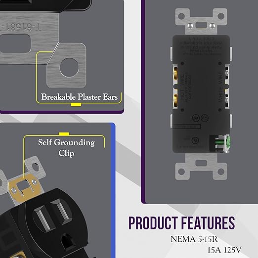 ENERLITES Duplex Outlets and Wall Plates Bundle, Tamper-Resistant Electrical Receptacle, 15A 125V, Self-Grounding, 2-Pole, UL Listed, 61581-TR-BKWP-10PCS, Black (10 Pack)