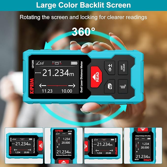 Kiprim 393ft Dual Laser Distance Measuring Tool LD120S, 120m Total Range, Electronic Level, Precise Measurements, and Pythagorean Function - Ideal for Construction, DIY, and Home Renovation