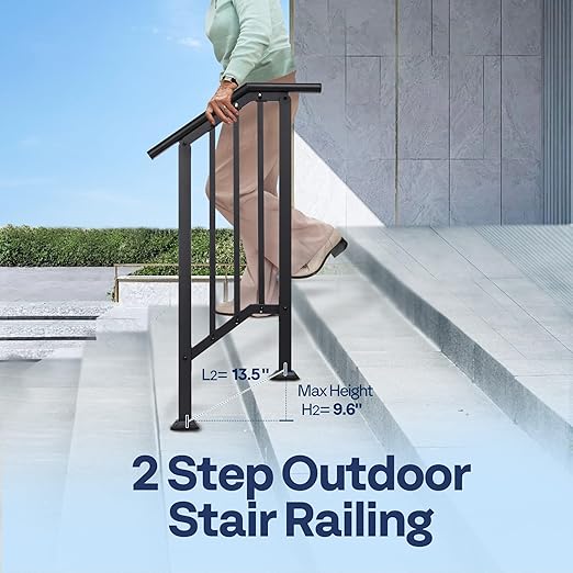 VIVOHOME 2-Pack 2 Step Galvanized Steel Hand Rails for Outdoor Steps – Black Oval and Safety Balusters Exterior Railing for Porch, Deck, or Indoor Stairs, Complete Installation Kit