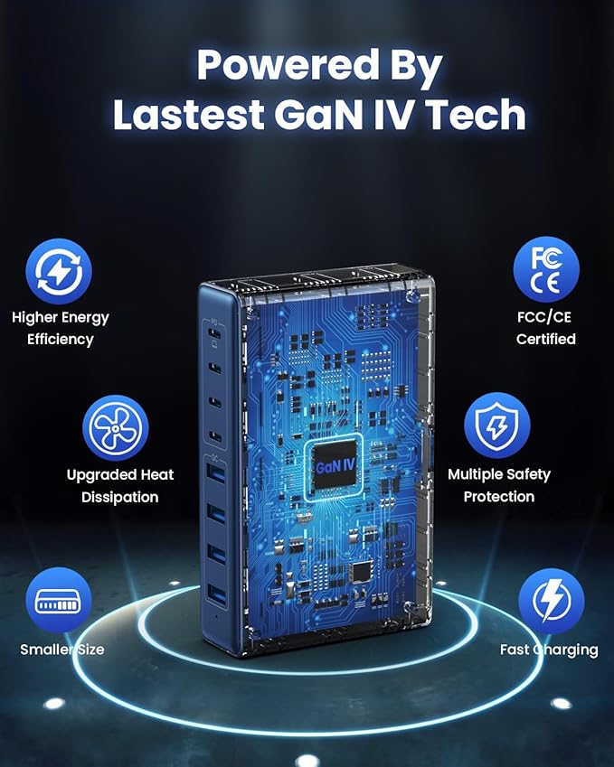 200W USB C Charger Block,GaN IV Charging Station 8 Ports,QC4.0 Fast Charging Station Hub+PD 65W USB C Laptop Charger Adapter Compatible with MacBook Air/Pro,DELL,iPhone 16/15,iPad,Steam Deck-Deep Blue