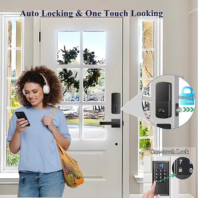 Smart Locks for Front Door with Lever Handle Set, YYTDZSW Keyless Entry Door Lock, Fingerprint & App Control, Touchscreen Keypad Deadbolt, Auto Lock, Matte Black
