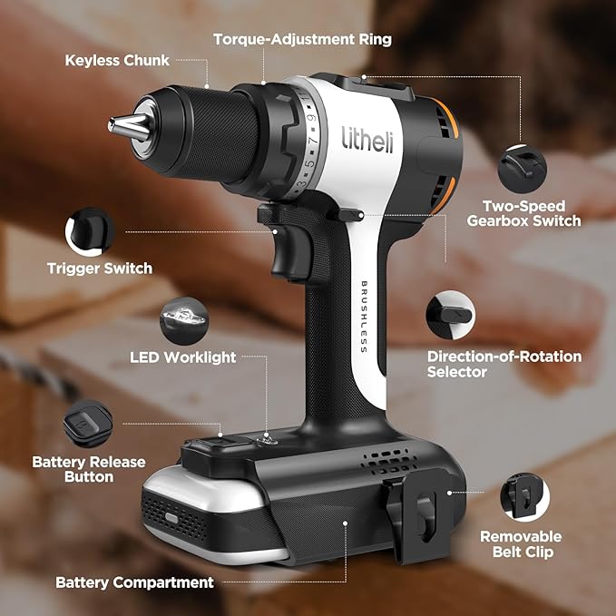 Litheli 20V Cordless Drill Driver, Brushless Power Drill with 2 Variable Speed, 1/2 Inch Keyless Chuck, Electric Drill, 17+1 Clutch Settings with Maximum Torque of 530 In-lbs (Charger not Included)