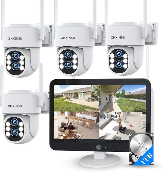 Security Camera System Outdoor Wireless for Home, ZHXINSD Dual Lens 6MP 10X Hybrid Zoom 360° Auto-Track 4 Cameras Set with 12.5" Monitor, 2.4/5G 10CH 4K NVR 24/7 Record Two-Way Audio Indoor 1TB HDD