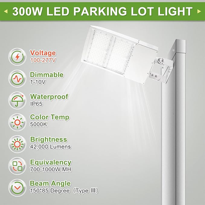 300W LED Parking Lot Pole Lights, Dimmable Shoebox Lights, 42,000LM, 5000K, Built-in 20KV Surge Protector, Yoke/Trunnion/Wall Mount, White Housing, DLC & UL Certified, 100-277VAC