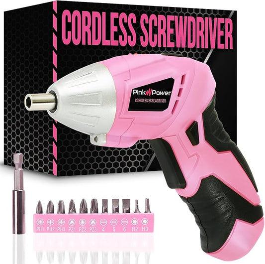 Pink Power 3.6 Volt Electric Screwdriver Cordless Rechargeable Screw Gun & Bit Set for Women - Cordless Screwdriver LED light, Battery Indicator and Pivoting Head - Small Power Screwdriver