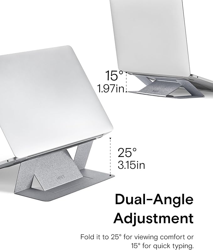 MOFT Laptop Stand for Desk, Adhesive MacBook Computer Stand with 2 Adjustable Viewing Angles, Foldable and Portable Laptop Riser Compatible with 11"-16" Laptops, Silver(Adhesive Version)