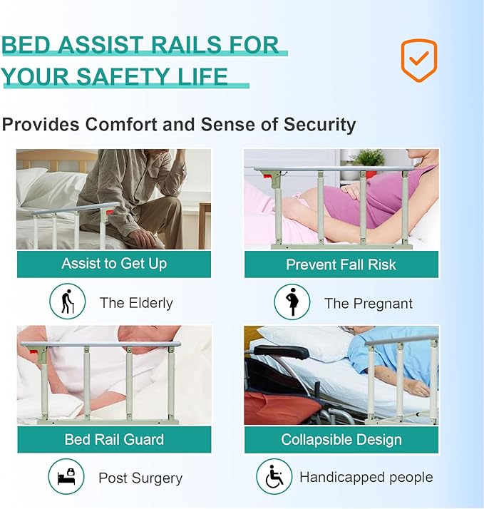37.8" x 16.3" Folding Bed Rail for Elderly Adults with Safety Guard & Assist Handle for Fall Prevention, Fits Twin Full Queen King Beds