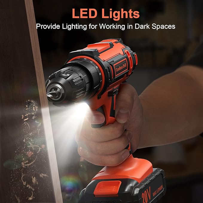 Cordless Drill, 20V Power Drill, Double 2000mAh Power Pack Electric Drills, Cordless Drills with Power Pack and Charger, 3/8" Keyless Chuck Screwdriver with 25+1 Max 370 In-lb Torque, 42Pcs Bits