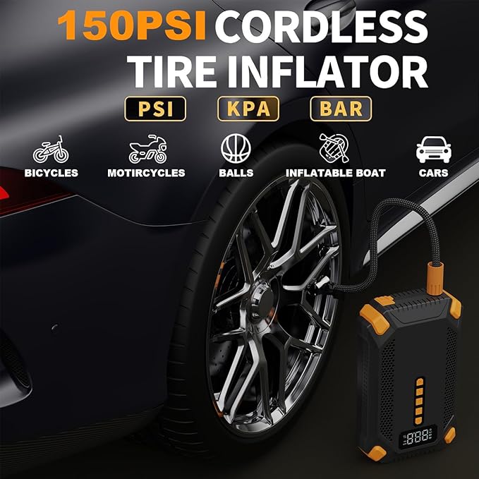 Jump Starter with Air Compressor,Battery Jumper Starter Portable, 150PSI Tire Inflator, 12V Jump Box, LED Flashlight, LCD Display for 9L Gas & 8L Diesel Engines, Car, SUV, Truck