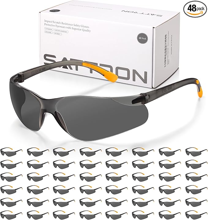 Tinted Safety Glasses Bulk 48 Pack, Dark Smoke Lenses UV Protective Safety Sunglasses for Men Women, ANSI Z87.1 Scratch & Impact Resistant Eye Protection for Construction, Shooting, Lab