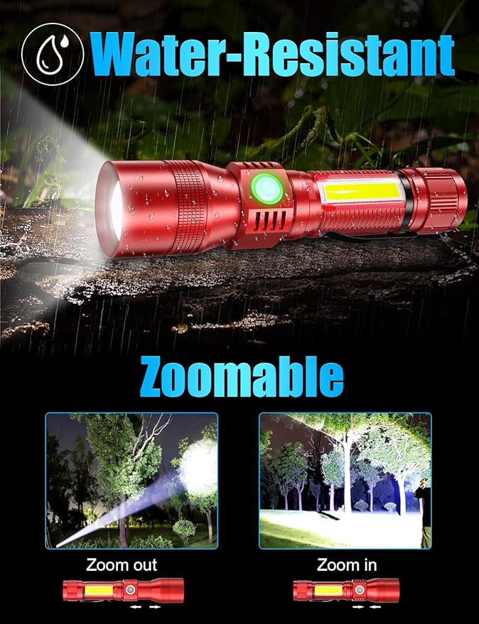 UV Rechargeable Flashlights Tactical,1000 High Lumens 3 in 1 LED Black Light Flashlight -Magnetic Base/Sidelight/Zoomable, Bright Pocket Flash Light for Stains Detection Camping Emergency,Red