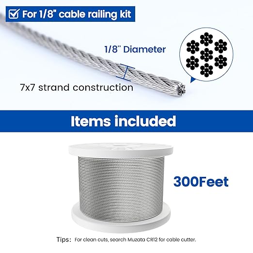 Muzata 300 ft 1/8" Stainless Steel Cable Railing System Hardware T316 Stainless Steel Wire Rope 7x7 Strands 1800 lb Breaking Strength Deck Cable Railing Kit for Indoor Outdoor Coastal WR02