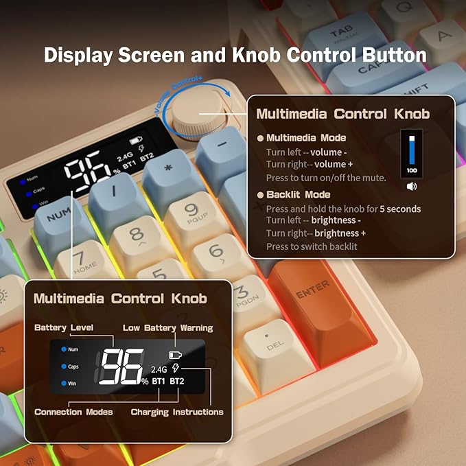 ZIYOU LANG M96 Wireless Gaming Silent Membrane Keyboard,Display Screen & Knob with Multimedia Keys Dual Mode Bluetooth/2.4Ghz,Rainbow Backlight 94Keys Ball Shape PBT Keycap ANSI Layout for Win/Mac