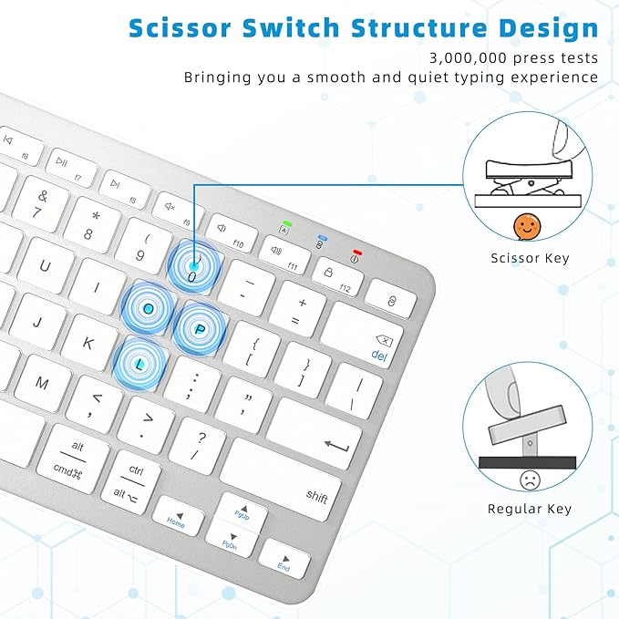 Bluetooth Keyboard, Ultra-Slim Wireless Keyboard for iPad, Rechargeable Ergonomic Computer Keyboard for iOS, Android, Windows PC Tablets Phone, White Silver