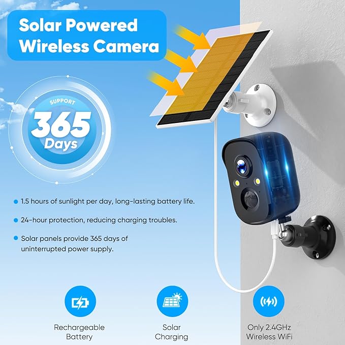 Solar Security Cameras Wireless Outdoor, 2K Solar Camera Wireless for Home, Color Night Vision, PIR Motion Detection, IP66 Waterproof, Cloud Storage/SD Card, Instant Alerts,2.4GHz WiFi (Black)