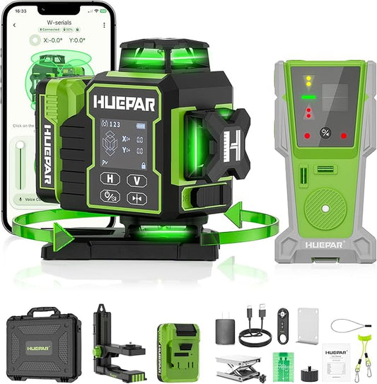 Huepar W04CG 4D Bluetooth Self Leveling Laser Level with Receiver, Up to 400ft Long Distance or Outdoor, 4x360° Green Beams for Construction, Tiling, Framing, Drop Ceiling, Floor Installation