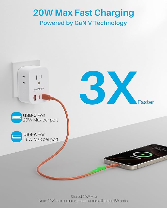Multi Plug Outlet Extender 2 Pack, Surge Protector Wall Plug Splitter with 3 Electrical Outlets 3 USB Ports, PD 20W USB C Charger Block Wall Outlet Expander for Travel Home Office Dorm Room Essentials