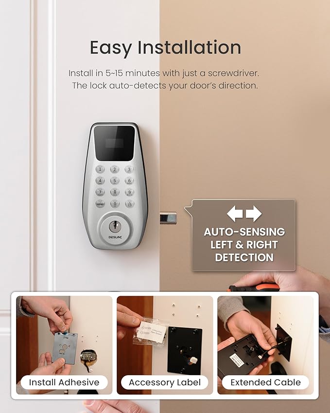 DESLOC C100 Keyless Entry Door Lock with 2 Lever Handles & Display, Electronic Keypad Deadbolt with Screen Digital Smart Front Door Lock Set, Auto Lock, Passage Mode, 12 Months Battery, Silver
