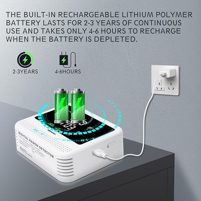 Digital Radon Detector - User-Friendly Desktop Device with HD LCD Display, 2-3 Years of Battery Life on 6-Hour Charge, 10-Year Sensor Lifespan, Perfect for Accurate Home and Office pCi/L Reading